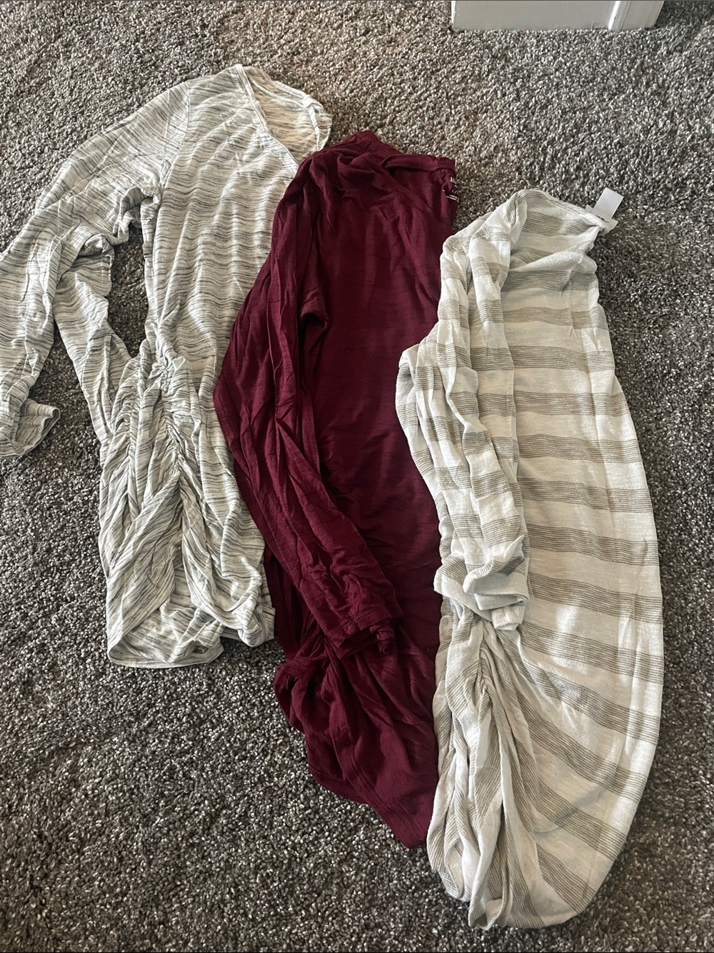 Motherhood Maternity Long Sleeve Tops - Burgundy and Light Gray Stripes